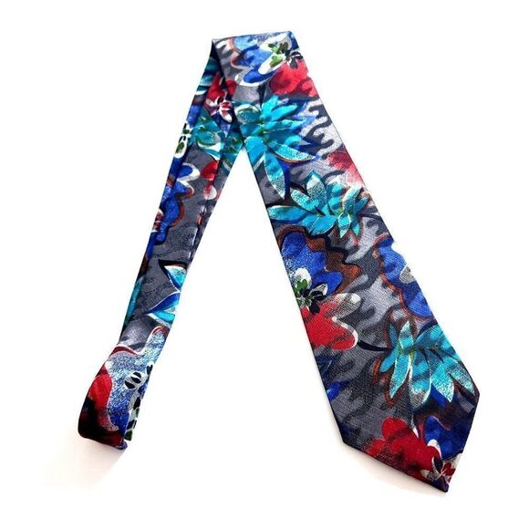 Alexander Lloyd Boston Gray Floral Metallic Jacquard Print Long Wide Silk Tie - Picture 6 of 6